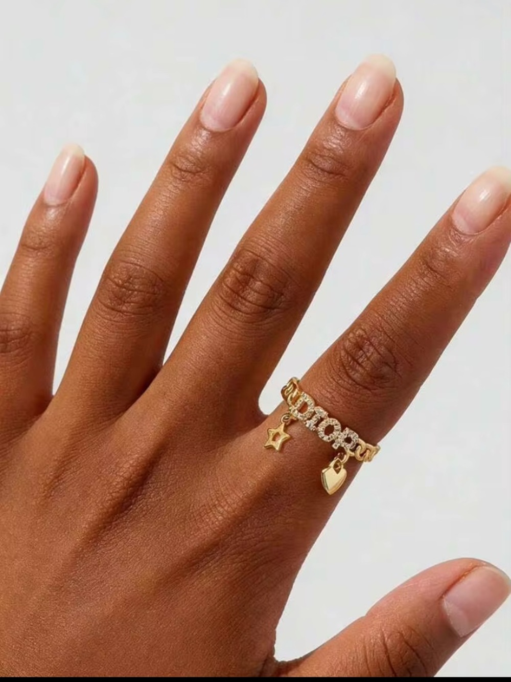 Gold Dior Charm Chain Ring with Star and Heart Pendants